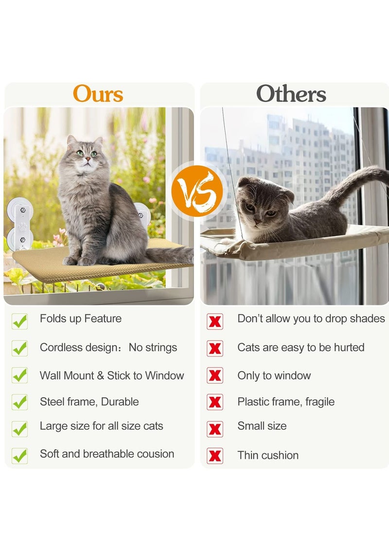 SYOSI - Foldable Cat Window Perch, Cordless Cat Window Hammock with 4 Strong Suction Cups, Foldable Cat Beds for Indoor Cats, Large Cats Window Seat Windowsill Safety with Sturdy Metal Frame Soft Cover - Image 1