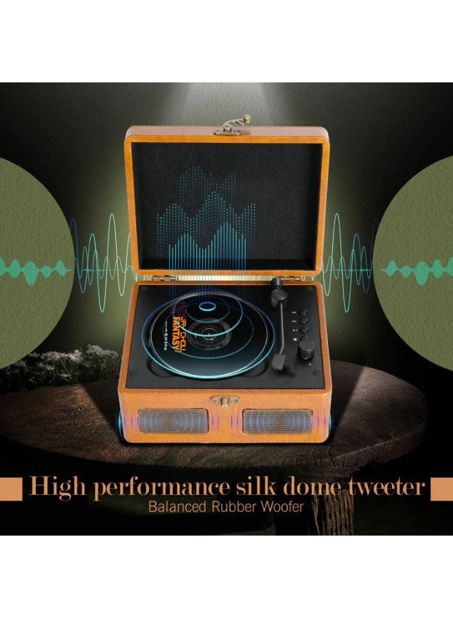 شو وو صندوق موسيقى عتيق - مشغل أسطوانات سي دي وأسطوانات محمول مزود بتقنية بلوتوث 5.0 | بطارية قابلة لإعادة الشحن، مدخل USB/AUX، مكبرات صوت ستيريو مدمجة | هدية مميزة متعددة الأوضاع (بني جوزي) - Image 4