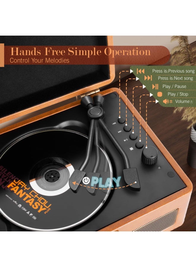 شو وو صندوق موسيقى عتيق - مشغل أسطوانات سي دي وأسطوانات محمول مزود بتقنية بلوتوث 5.0 | بطارية قابلة لإعادة الشحن، مدخل USB/AUX، مكبرات صوت ستيريو مدمجة | هدية مميزة متعددة الأوضاع (بني جوزي) - Image 3