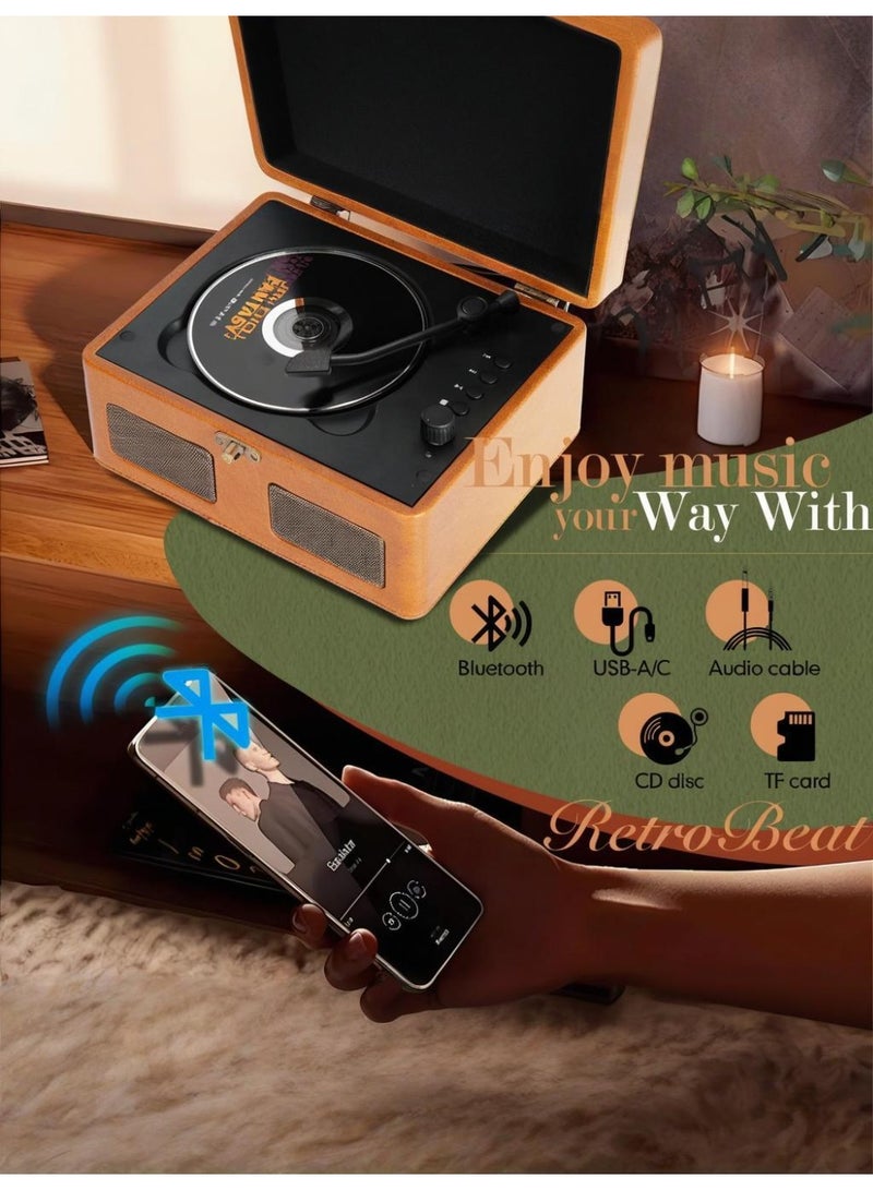 شو وو صندوق موسيقى عتيق - مشغل أسطوانات سي دي وأسطوانات محمول مزود بتقنية بلوتوث 5.0 | بطارية قابلة لإعادة الشحن، مدخل USB/AUX، مكبرات صوت ستيريو مدمجة | هدية مميزة متعددة الأوضاع (بني جوزي) - Image 2