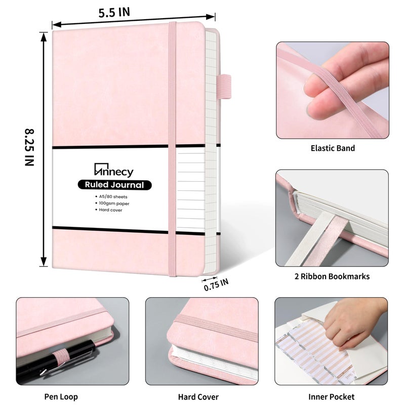 Annecy Lined Journal Notebook  Hardcover Leather Journal For Women & Men  160 Numbered Pages  Medium 5.5"" X 8.25""  100 Gsm Thick Paper  Pink - Image 3