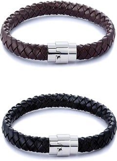 Goolsky  2PCS Stainless Steel Braided Leather Bracelet for Men Women Wrist Cuff Bracelet 7.5-8.5 inches