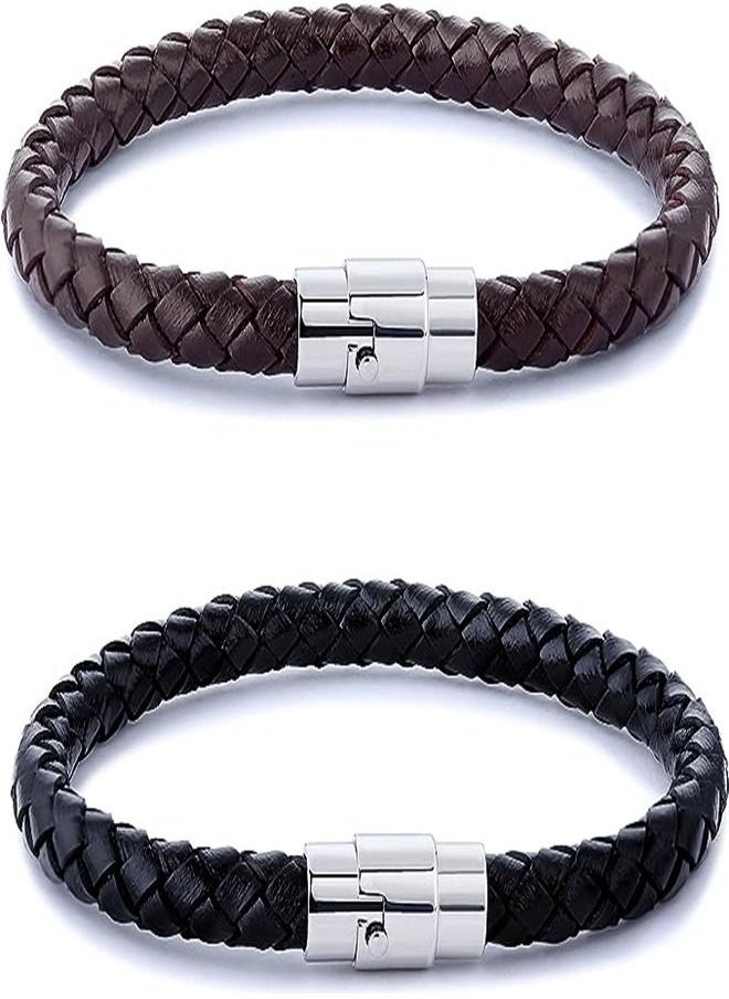 Goolsky - Goolsky  2PCS Stainless Steel Braided Leather Bracelet for Men Women Wrist Cuff Bracelet 7.5-8.5 inches - Image 1