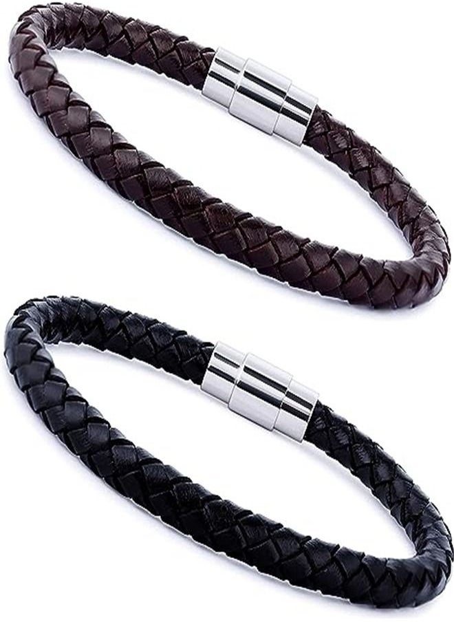 Goolsky - Goolsky  2PCS Stainless Steel Braided Leather Bracelet for Men Women Wrist Cuff Bracelet 7.5-8.5 inches - Image 1