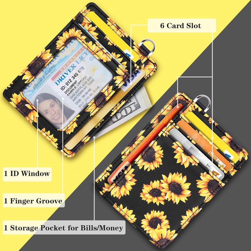 Coco Rossi Slim Front Pocket Wallet RFID Blocking Minimalist Credit Card Holder Wallet with D-Shackle for Women,Sunflower - Image 4