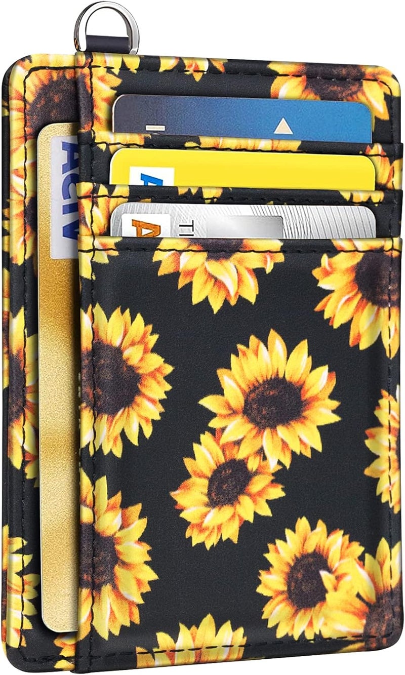 Coco Rossi Slim Front Pocket Wallet RFID Blocking Minimalist Credit Card Holder Wallet with D-Shackle for Women,Sunflower - Image 1