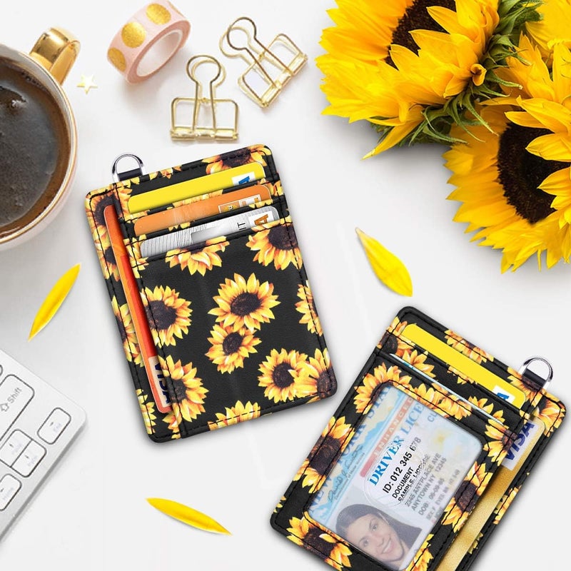 Coco Rossi Slim Front Pocket Wallet RFID Blocking Minimalist Credit Card Holder Wallet with D-Shackle for Women,Sunflower - Image 3