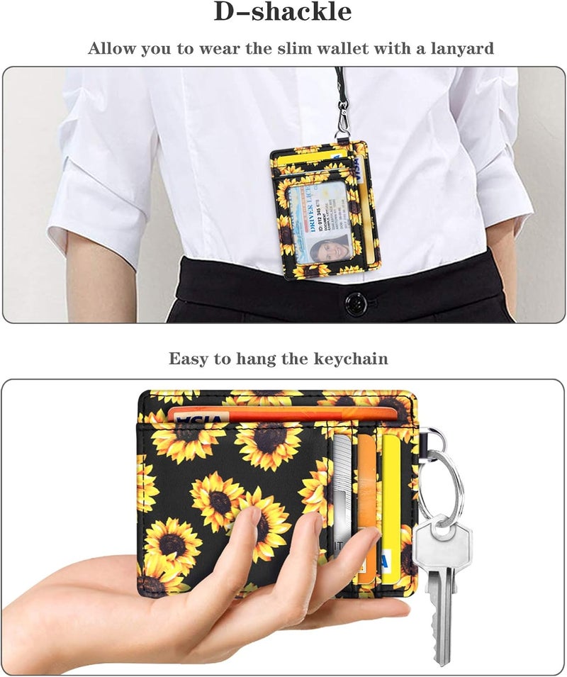 Coco Rossi Slim Front Pocket Wallet RFID Blocking Minimalist Credit Card Holder Wallet with D-Shackle for Women,Sunflower - Image 5
