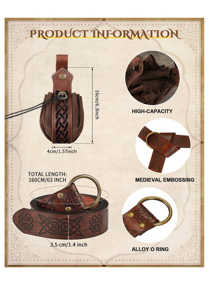 SYOSI Medieval Knight Accessories, 2 Pcs Medieval Viking Belt Medieval Faux Leather Belt Pouch, Renaissance Leather Belt Medieval Bag Renaissance Accessories, Brown, Retro  - Image 3