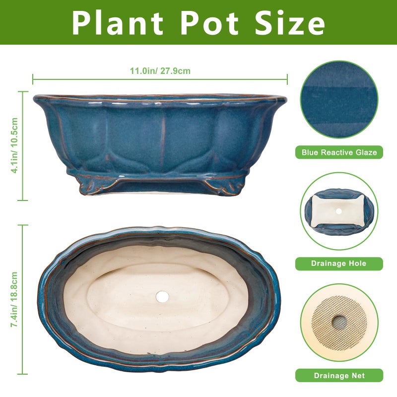 Teagas Bonsai Tree Pot - 11 Inch Ceramic Succulent Pots, Bonsai Planter for Indoor Outdoor, Decorative Plant Pot with Drainage Hole, Oval Flower Pot, Home Garden Decor, Garden Gifts, Retro Blue - Image 2