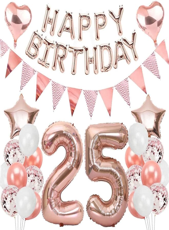 Secret 25th Birthday Decoration Balloons Rose Gold, Giant Foil Balloons Number 25, Banner Happy Birthday Garland
