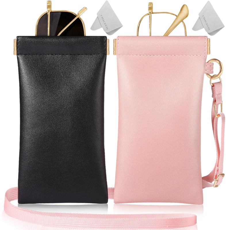 CHICECO CHICECO Squeeze Top Sunglass Case-Portable Eyeglass Pouch with Adjustable Lanyard Soft Leather Glasses Case 2 Pack  - Image 1