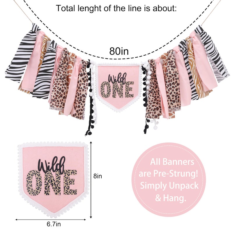 YOUAME Girls Leopard Print High Chair Banner - Wild One High Chair Decors, Pink Jungle Party Cheetah ONE Year Birthday Decorations, Girls First Year Animal Banners - Image 2