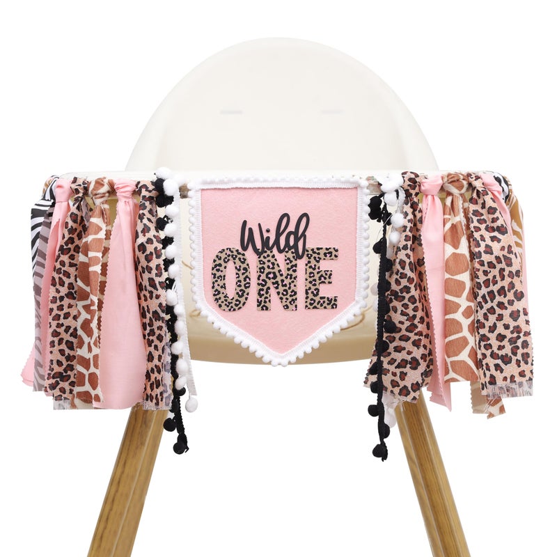 YOUAME Girls Leopard Print High Chair Banner - Wild One High Chair Decors, Pink Jungle Party Cheetah ONE Year Birthday Decorations, Girls First Year Animal Banners - Image 1