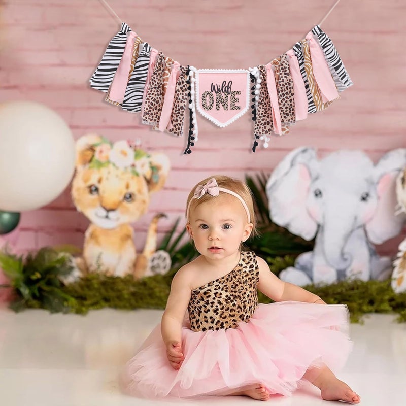 YOUAME Girls Leopard Print High Chair Banner - Wild One High Chair Decors, Pink Jungle Party Cheetah ONE Year Birthday Decorations, Girls First Year Animal Banners - Image 3