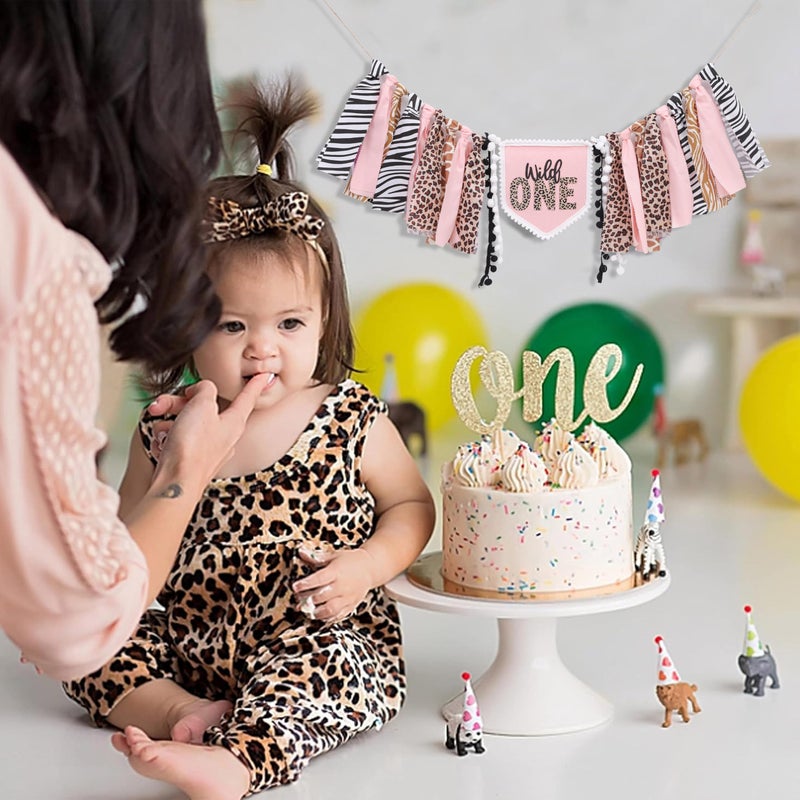 YOUAME Girls Leopard Print High Chair Banner - Wild One High Chair Decors, Pink Jungle Party Cheetah ONE Year Birthday Decorations, Girls First Year Animal Banners - Image 4