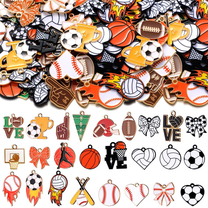 Trnayi 100 Pcs Sport Charms Bulk for Jewelry Making Basketball Dinkball Football Soccer Baseball Volleyball Alloy Charms Pendants for Necklace Bracelet Earrings DIY Crafts Accessory(Mixed Styles) - Image 1