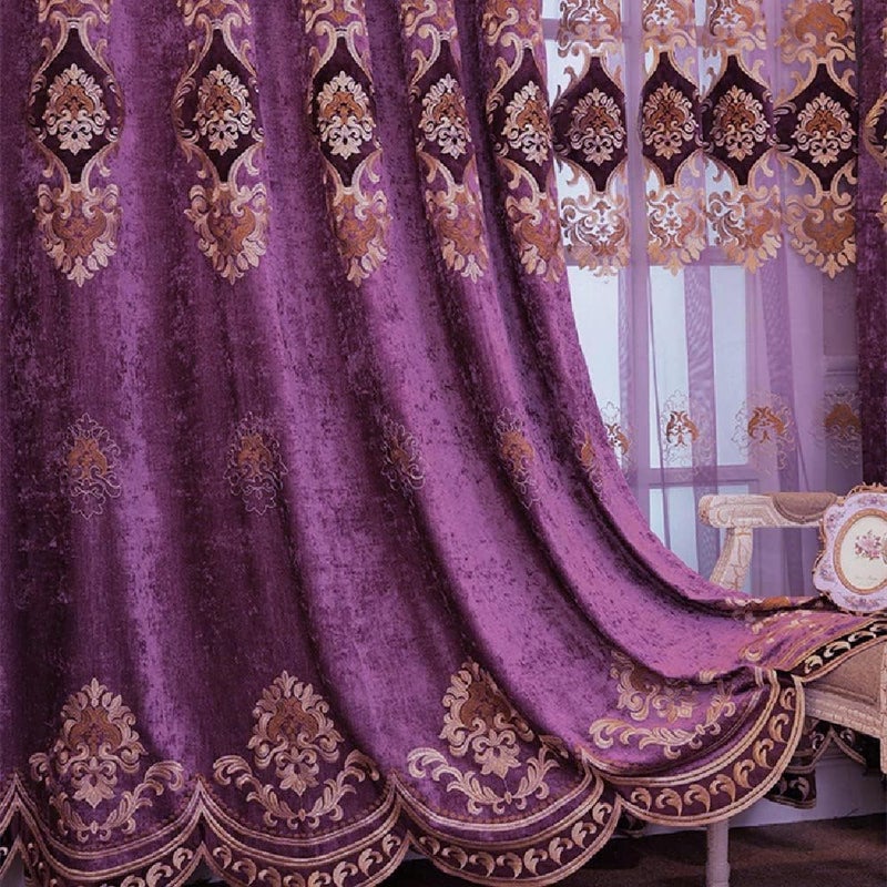 Amidoudou 1 Pair European Luxury Embroidered Curtains for Living Room Bedroom Chenille Curtains (Purple,51x106 Inch) - Image 1