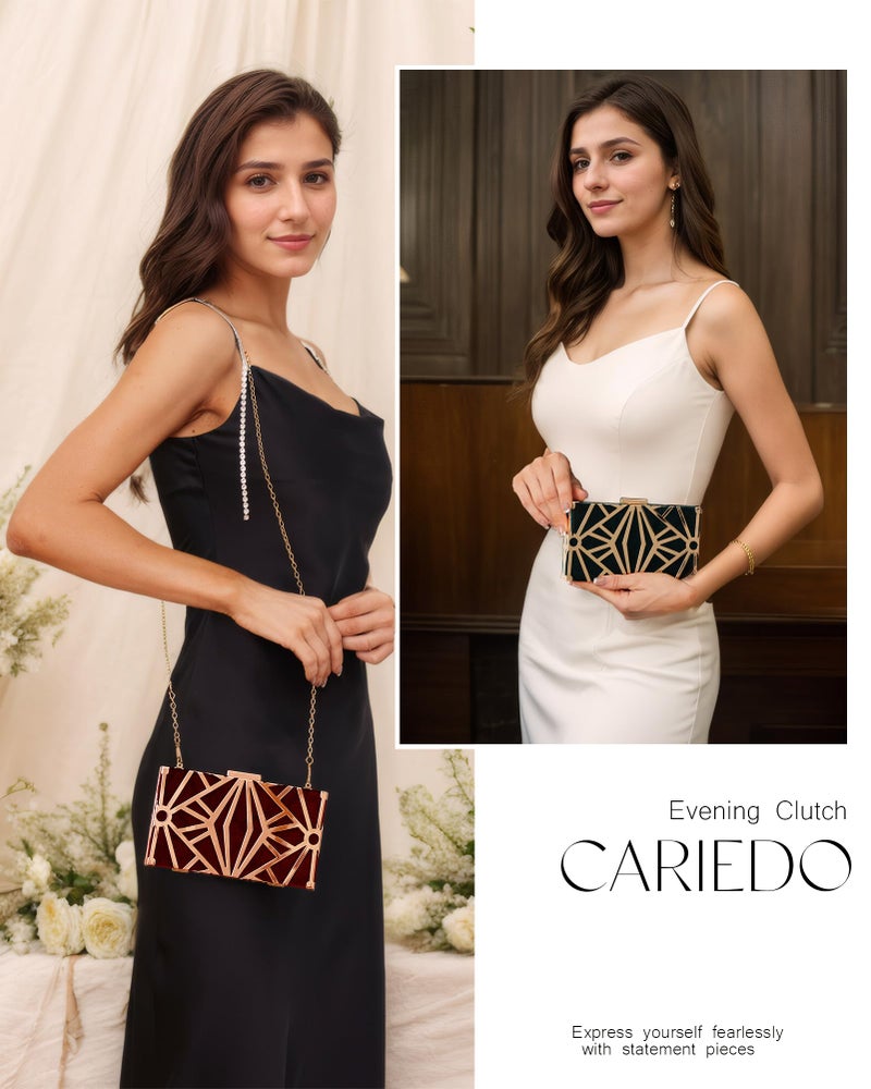 CARIEDO Women Evening Bag Elegant Clutch Purse Exquisite Velvet Metal Hollow out Handbags Prom Wedding Party (Maroon) - Image 5