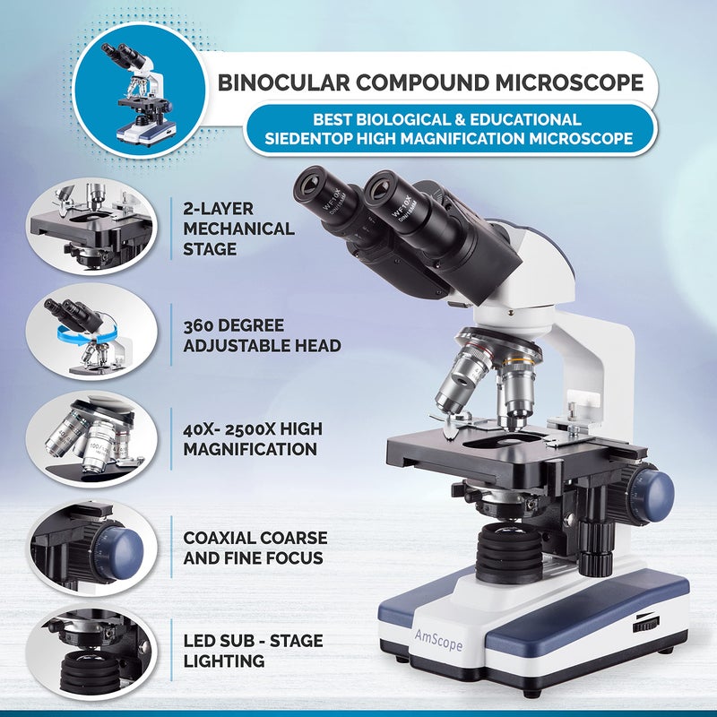 AmScope B120C Series Student & Professional LED Binocular Compound Microscope - 40X-2500X Magnification - Features Siedentopf Head & 3D Mechanical Stage - Image 2