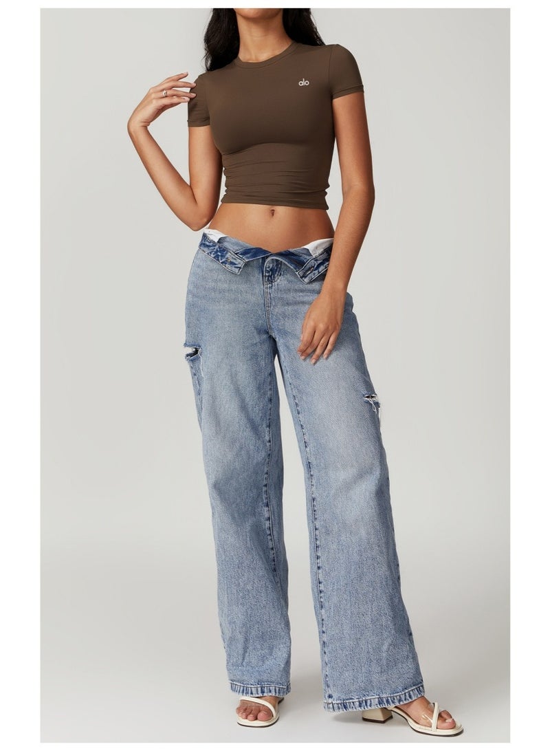 ألو ملابس اليوغا للسيدات - قمصان قصيرة الأكمام للتدريب على البيلاتس - Tops رياضية للجري - قمصان سريعة التجفيف (بني) - Image 2