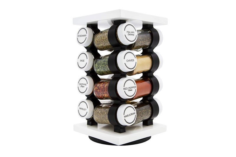 Orii Spice Rack 16 Jar Set White Filled with Spices Rotating Standing Rack Shelf Holder Countertop Spice Rack Tower Organizer for Kitchen Spices