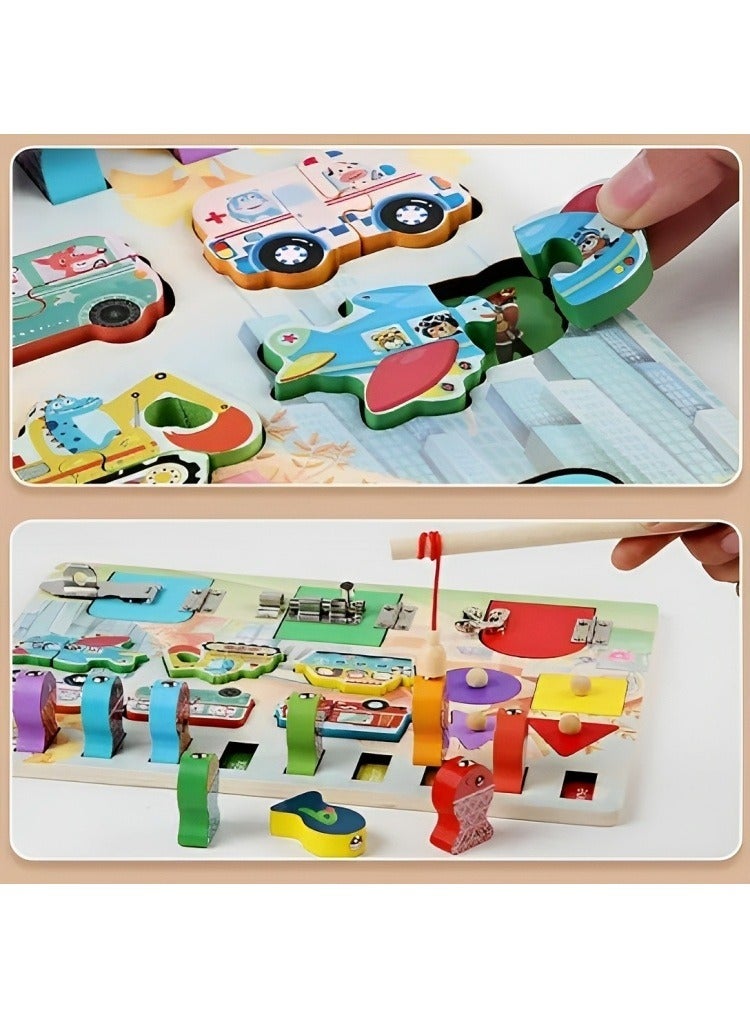 Wooden Sensory Busy Board Toy, Handmade Montessori Activity Board for Kids, Educational Toy to Develop Fine Motor Skills with Puzzles, Magnetic Game Ideal for Toddlers  - Image 5