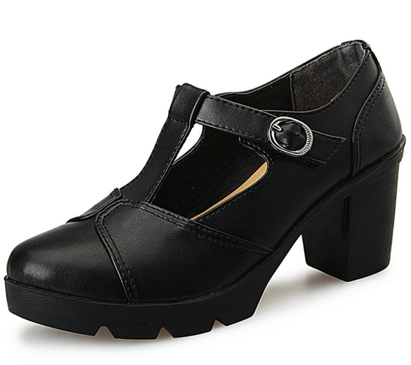DADAWEN Women's Classic T-Strap Platform Mid-Heel Square Toe Oxfords Dress Shoes Black US Size 7.5 - Image 1