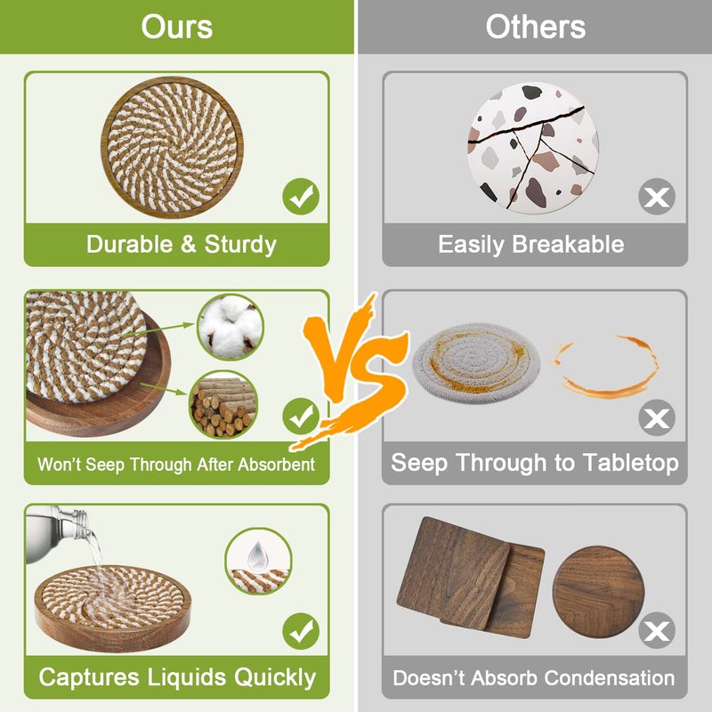 Eykao 5 Pack Coasters for Drinks Absorbent, 4.3 inches Woven Coasters for Coffee Tables, Wooden Drink Coasters for Table Protection, Reusable Drink Coasters for Kitchen, Farmhouse, Bar, Office, Brown - Image 3