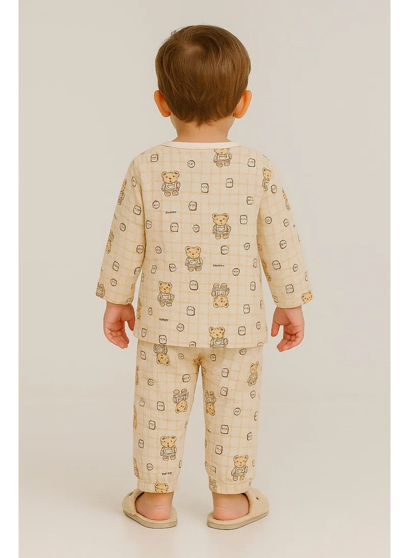 فكتور اند جين طقم بيجاما قطن موسلين بطبعة دب للأطفال الأولاد