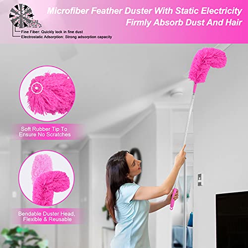 CALBEAU Microfiber Dusters for Cleaning, Feather Dusters with Extension Pole, Bendable & Washable Dusters for High Ceiling Fan, Blinds, Cars, Furniture, Cleaning Tools Kit Pink Gift for Women (15 PCS) - Image 3