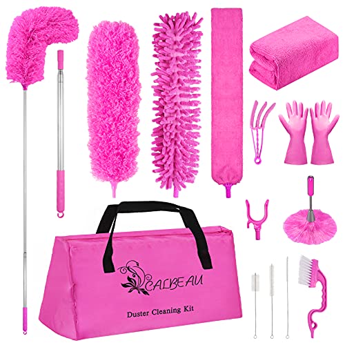 CALBEAU Microfiber Dusters for Cleaning, Feather Dusters with Extension Pole, Bendable & Washable Dusters for High Ceiling Fan, Blinds, Cars, Furniture, Cleaning Tools Kit Pink Gift for Women (15 PCS) - Image 1
