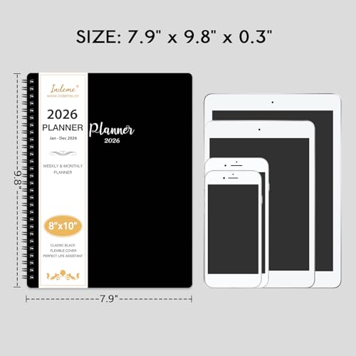 Indeme 2026 Planner - Planner 2026 Weekly and Monthly, Jan. 2026 - Dec. 2026, 8" x 10", with Tabs, Thick Paper, Spiral Binding, Classic Black - Image 2