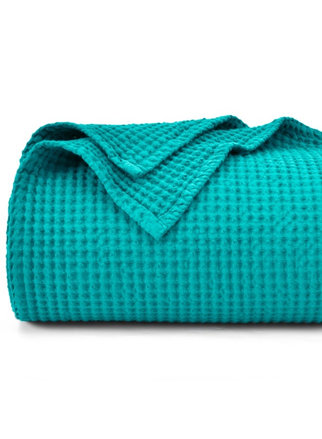 PHF 100% Cotton Waffle Blanket Double Size 150 x 200cm - Pre-Washed Soft Lightweight Throw Blanket for All Season - Perfect Blanket Layer for Couch Bed Sofa - Elegant Home Decoration Teal/Green Visit the PHF Store - Image 1