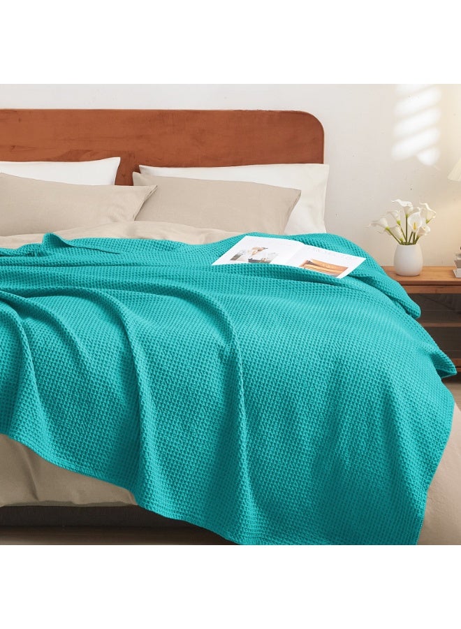 PHF 100% Cotton Waffle Blanket Double Size 150 x 200cm - Pre-Washed Soft Lightweight Throw Blanket for All Season - Perfect Blanket Layer for Couch Bed Sofa - Elegant Home Decoration Teal/Green Visit the PHF Store - Image 3
