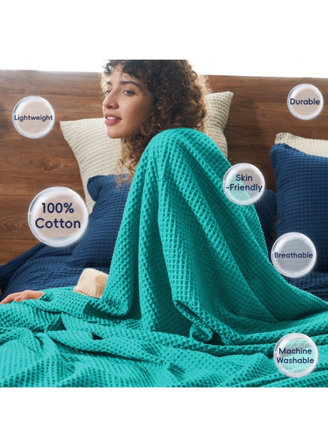 PHF 100% Cotton Waffle Blanket Double Size 150 x 200cm - Pre-Washed Soft Lightweight Throw Blanket for All Season - Perfect Blanket Layer for Couch Bed Sofa - Elegant Home Decoration Teal/Green Visit the PHF Store - Image 4