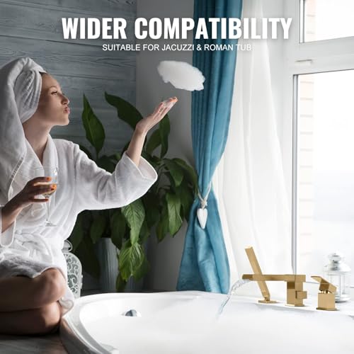 ALEASHA Waterfall Roman Tub Filler Faucet, Deck Mount Bathtub Filler with 360° Swivel Spout, 3 Holes Bathroom Tub Faucet with Sprayer, Brushed Gold - Image 4