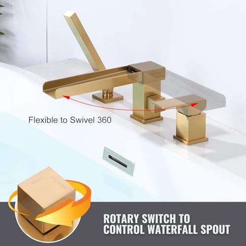 ALEASHA Waterfall Roman Tub Filler Faucet, Deck Mount Bathtub Filler with 360° Swivel Spout, 3 Holes Bathroom Tub Faucet with Sprayer, Brushed Gold - Image 2