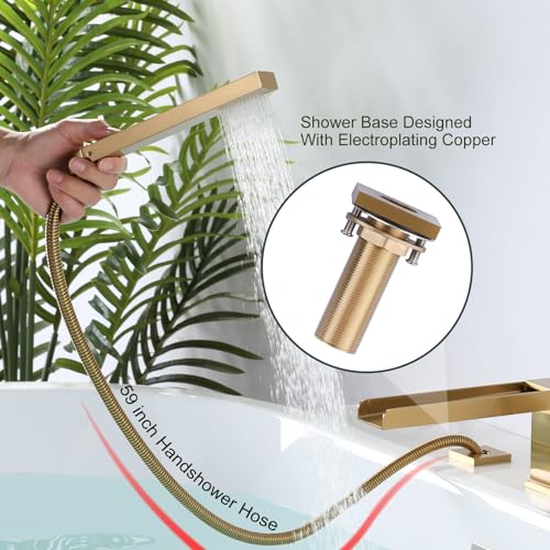 ALEASHA Waterfall Roman Tub Filler Faucet, Deck Mount Bathtub Filler with 360° Swivel Spout, 3 Holes Bathroom Tub Faucet with Sprayer, Brushed Gold - Image 5