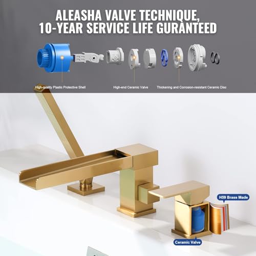 ALEASHA Waterfall Roman Tub Filler Faucet, Deck Mount Bathtub Filler with 360° Swivel Spout, 3 Holes Bathroom Tub Faucet with Sprayer, Brushed Gold - Image 3