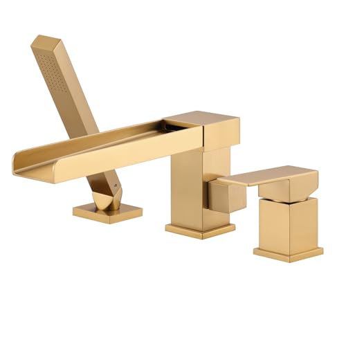 ALEASHA Waterfall Roman Tub Filler Faucet, Deck Mount Bathtub Filler with 360° Swivel Spout, 3 Holes Bathroom Tub Faucet with Sprayer, Brushed Gold - Image 1