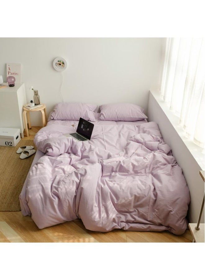 طقم مكون من 4 قطع من القطن النقي بلون موحد بتصميم بسيط مريح بحجم كينغ 220x240 سم - Image 1