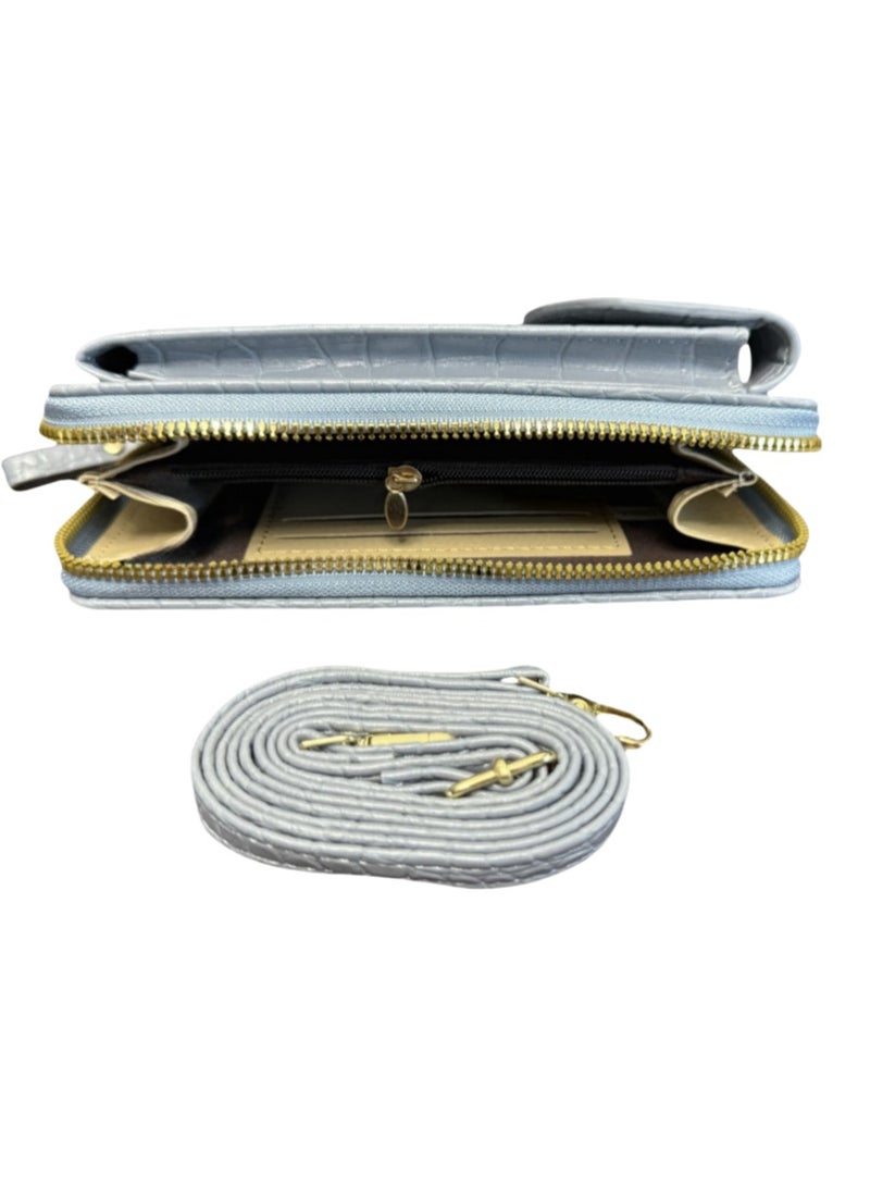 حزام كتف قابل للتعديل باللون الأزرق والرمادي مع محفظة كتف للهاتف المحمول من الجلد النسائي ، محفظة مصمم سفر عصرية - Image 4