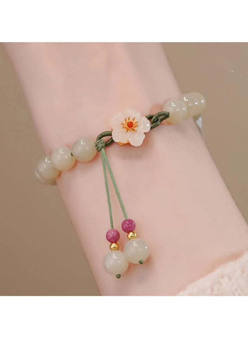 Goolsky 1pc Unisex Handwoven Jade Peach Blossom Bracelet, Imitation Jade Bead Wristband with Floral Charm, Adjustable Party Accessory and Gift - Image 1