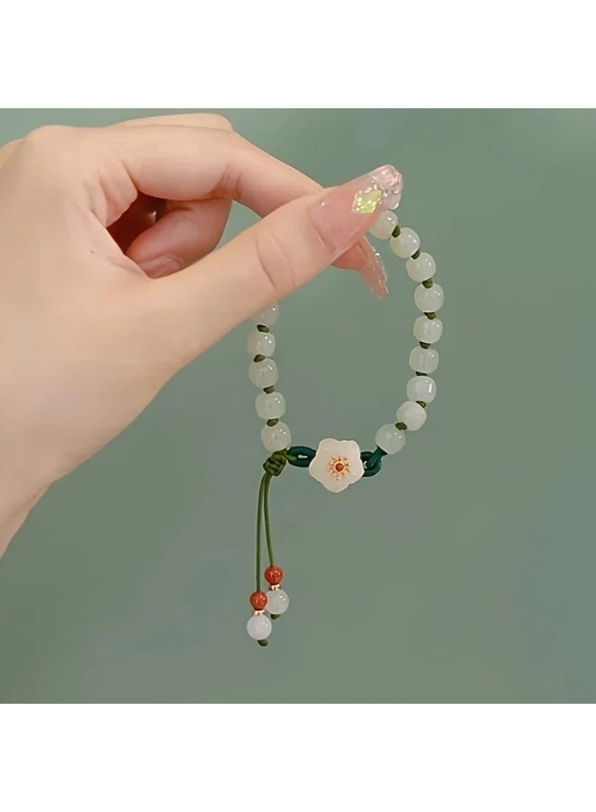 Goolsky 1pc Unisex Handwoven Jade Peach Blossom Bracelet, Imitation Jade Bead Wristband with Floral Charm, Adjustable Party Accessory and Gift - Image 3