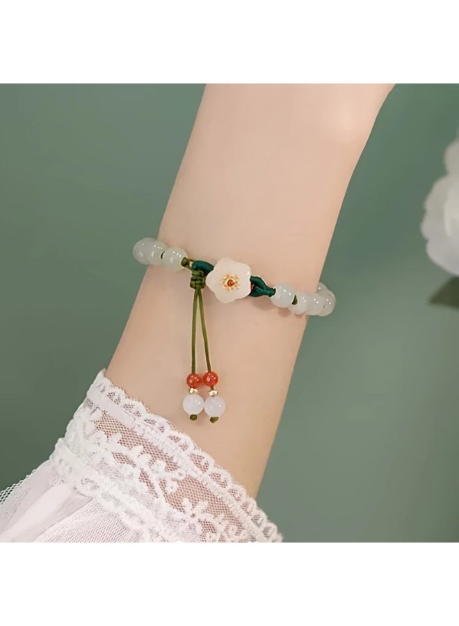 Goolsky 1pc Unisex Handwoven Jade Peach Blossom Bracelet, Imitation Jade Bead Wristband with Floral Charm, Adjustable Party Accessory and Gift - Image 4