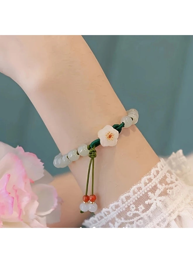 Goolsky 1pc Unisex Handwoven Jade Peach Blossom Bracelet, Imitation Jade Bead Wristband with Floral Charm, Adjustable Party Accessory and Gift - Image 5