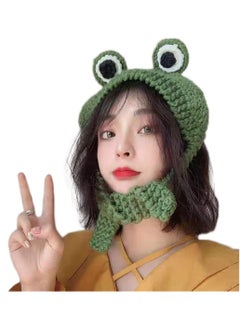 Excefore 1pc Frog Knit Hat,   Frog Eye Pattern Knit Skull Beanie Solid Color Winter Warm Earmuffs Hat Green  - Image 1