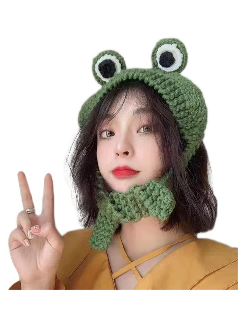 Excefore 1pc Frog Knit Hat,   Frog Eye Pattern Knit Skull Beanie Solid Color Winter Warm Earmuffs Hat Green  - Image 1