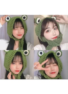 Excefore 1pc Frog Knit Hat,   Frog Eye Pattern Knit Skull Beanie Solid Color Winter Warm Earmuffs Hat Green  - Image 3